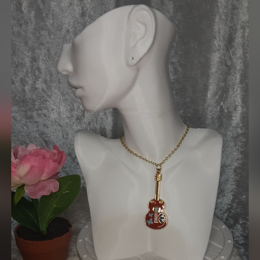 Handmade Guitar Necklace With Blue Rhinestones And Butterflies 20" Long Chain - Picture 5 of 5